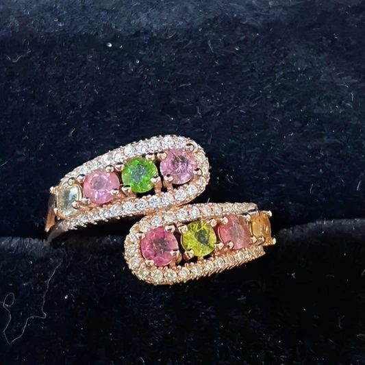 合金仿水晶戒指 925轻奢镶嵌活口可调节金色渐变粉绿红气质时尚