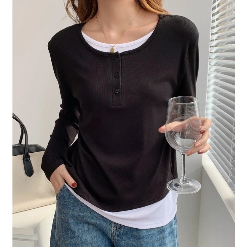 秋冬正肩假两件宽松慵懒休闲上衣女修身显瘦设计感长袖t恤打底衫
