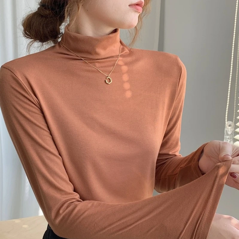 2025春秋冬新款修身打底衫t恤女叠穿内搭半高领白色长袖中领上衣