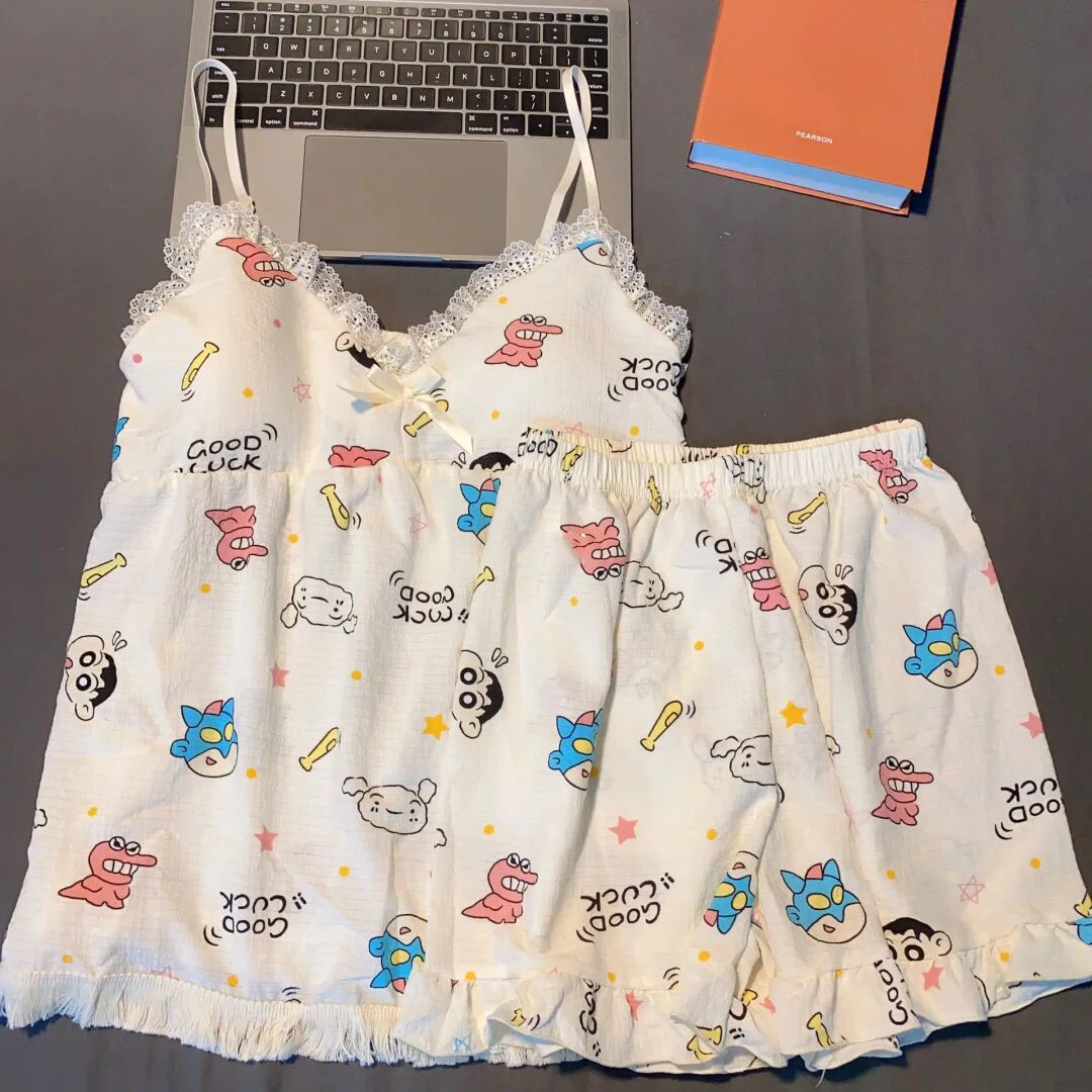 云窝窝蜡笔小新带胸垫夏季睡衣女两件套吊带卡通可爱家居服套头女