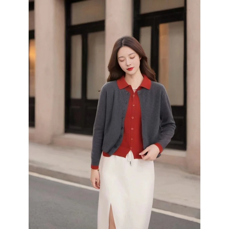 假两件春秋装新款针织开衫长袖宽松显瘦拼色毛衣休闲洋气外套986