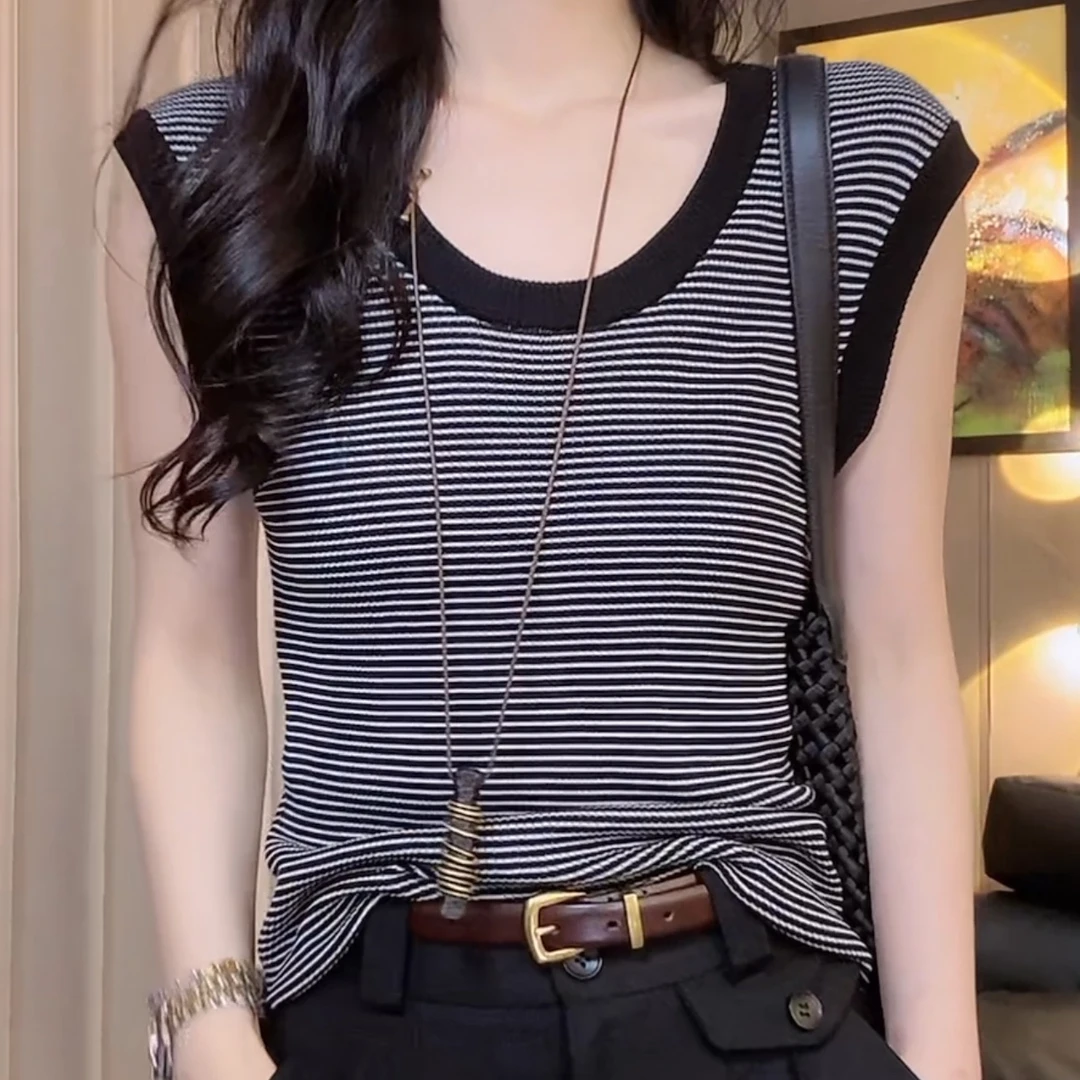【诺哥专属】坎肩袖条纹短袖T恤女显瘦减龄修身U领上衣女907