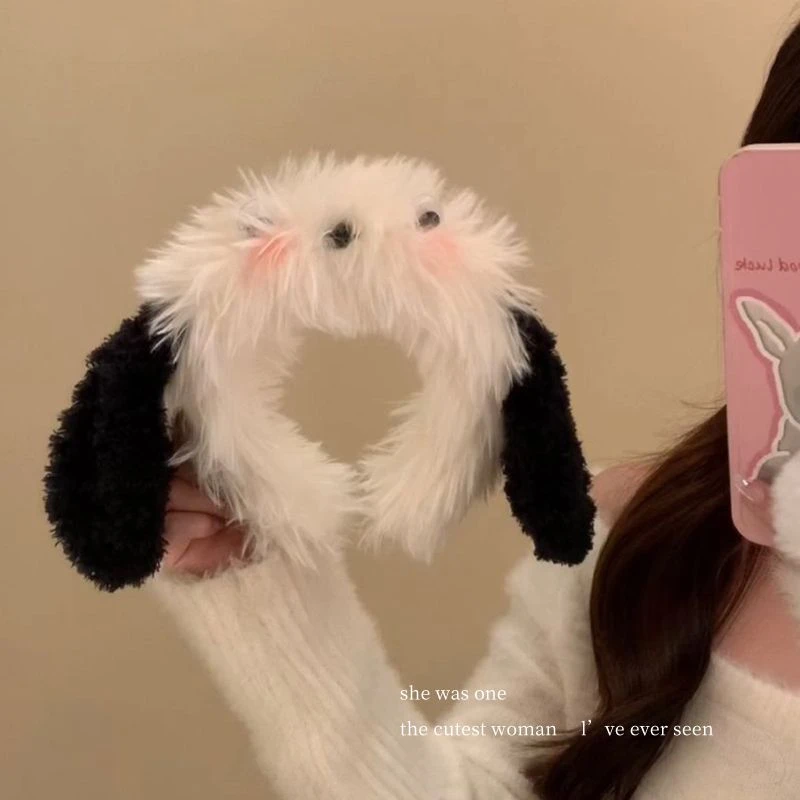 毛绒洗脸发箍可爱黑白小狗头饰束发带洗漱发卡搞怪狗耳朵化妆头箍