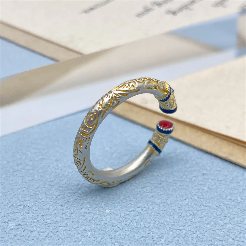 足银戒指 999.9喜乐吉言唐草女宫廷风实心设计食指开口指环情人节