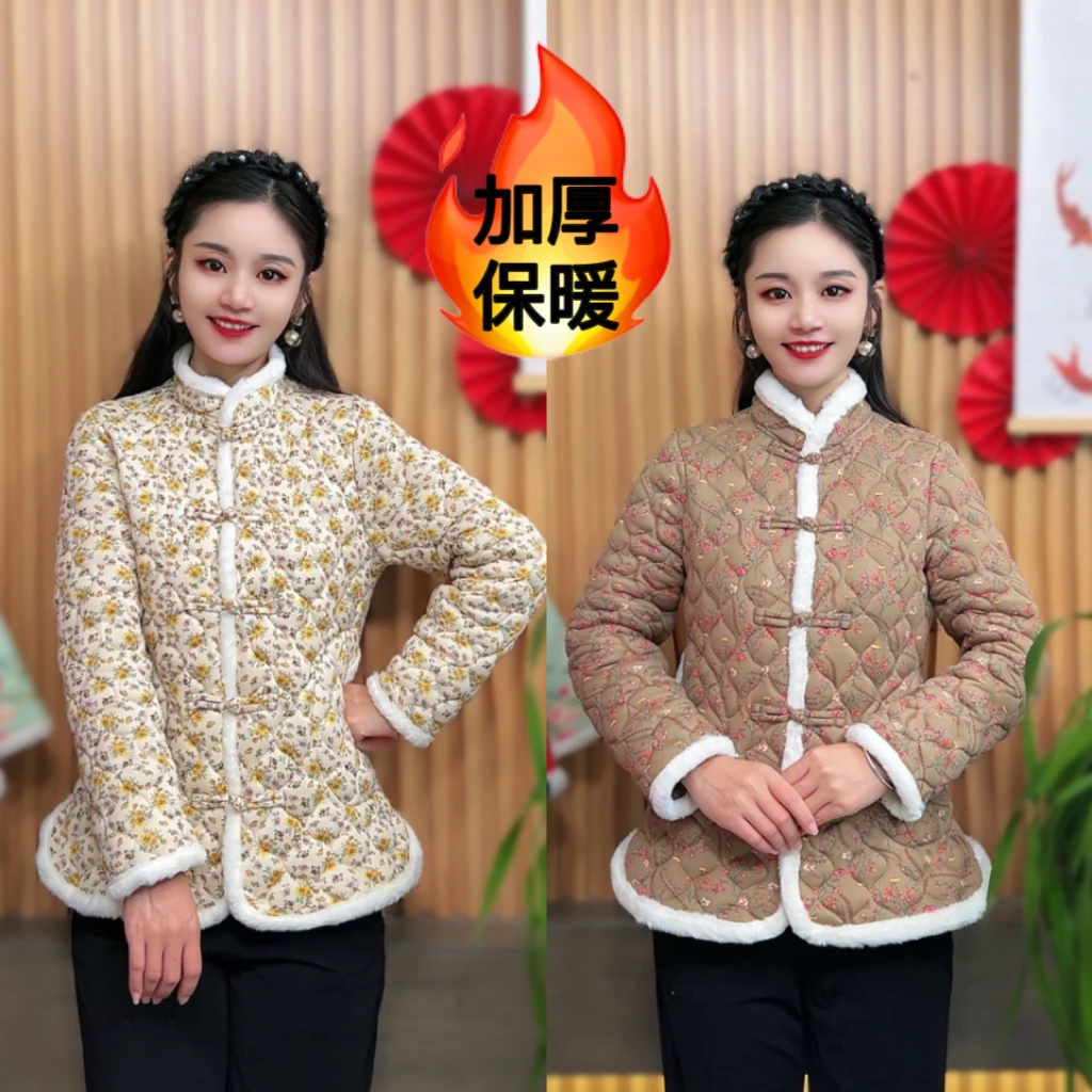 秋冬新款花棉袄加厚保暖短外套复古盘扣棉衣修身显瘦大码女士棉服