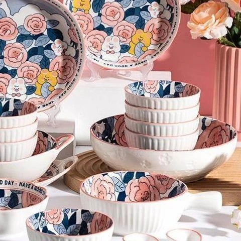 陶瓷吃饭碗家用餐具双耳汤碗特别好看的沙拉手柄碗盘子单个