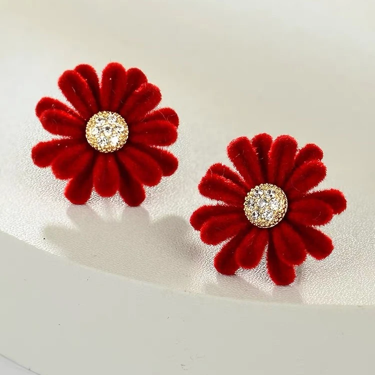 铜合金布艺耳饰 超高版 艾妮家小红花秋冬少女感耳钉 AE-5873
