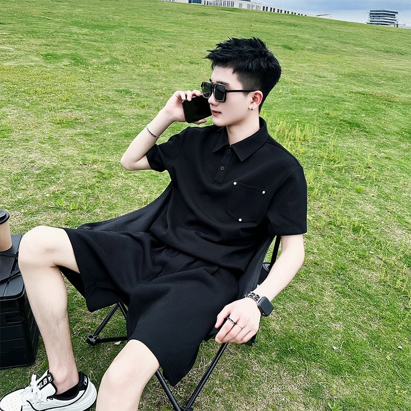 休闲短袖POLO衫套装男士翻领T恤搭配五分短裤2025男装一套痞帅ins