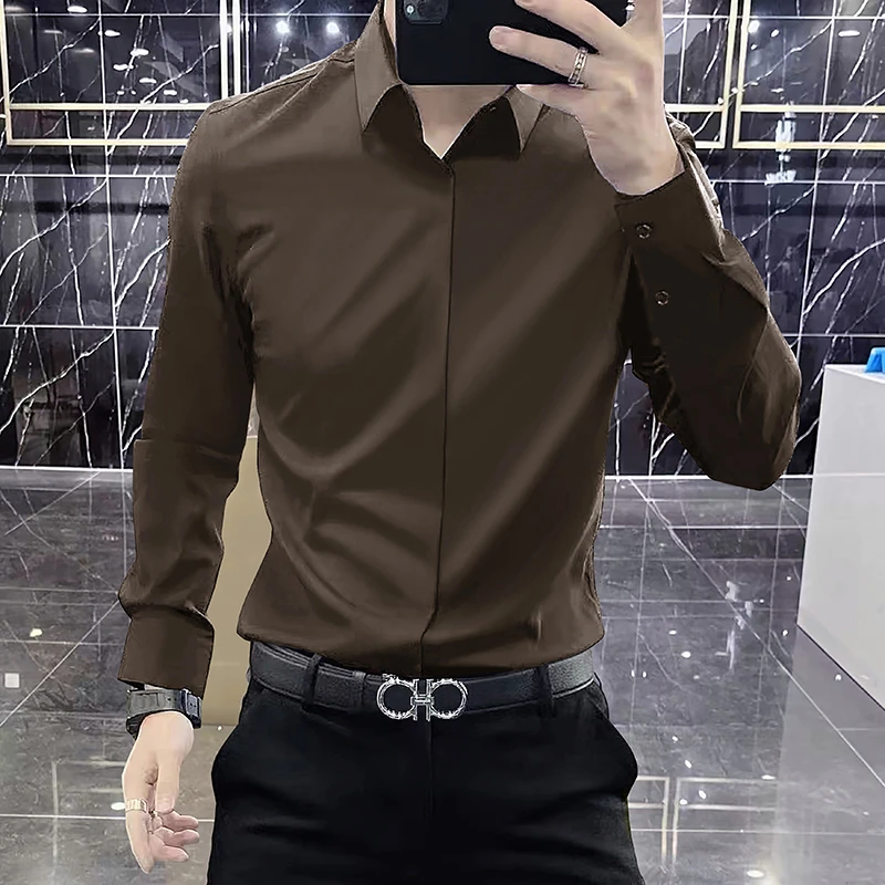 英伦风商务长袖衬衣男免烫垂感纯色衬衣内搭修身显瘦高端轻奢寸衫