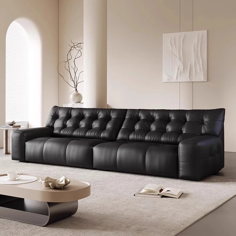 大黑熊沙发意式极简2024新款高靠背客厅复古风牛皮直排四人位沙发