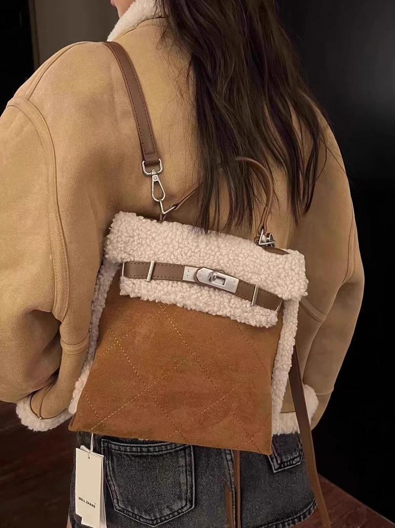 秋冬新品毛毛绒面女包凯利双肩包手提单肩背包小众设计感2023新款