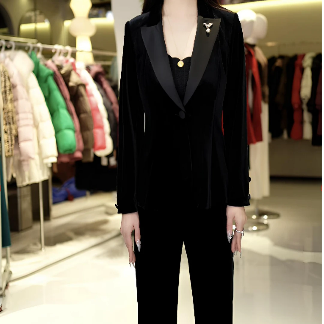高端轻奢时尚钻石绒西装套装女显瘦气质通勤西服垂坠微喇裤两件套