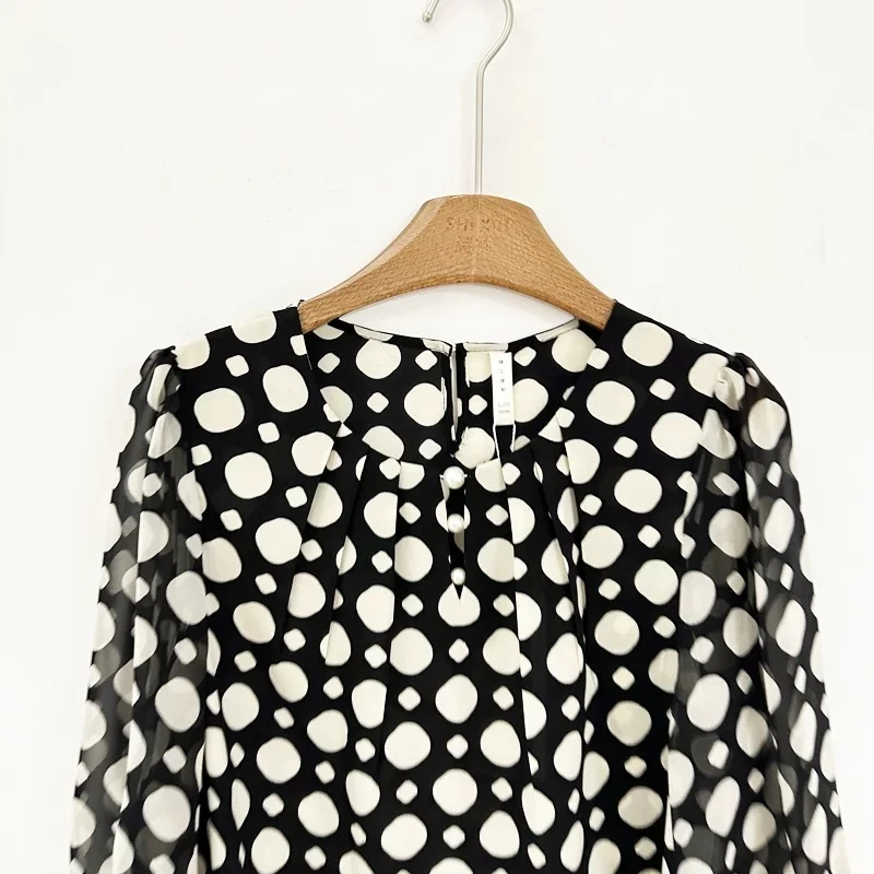 322长袖时尚百搭打底夏季黑色印花波点衬衫广州13行连衣裙