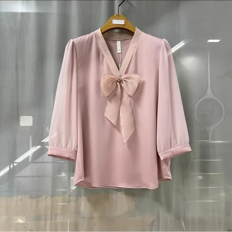 962商场专卖秋季时尚长袖新款女装蝴蝶结纯色气质小衫上衣甜美