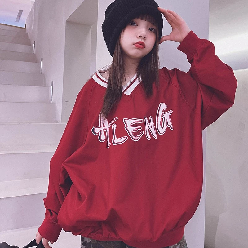 冷大娘定制 男女儿童嘻哈运动V领长袖卫衣T恤街舞演出服上衣亲子