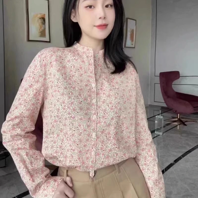 哥弟阿玛施正春秋气质衬衣时尚百搭新中式碎花长袖衬衫1300978