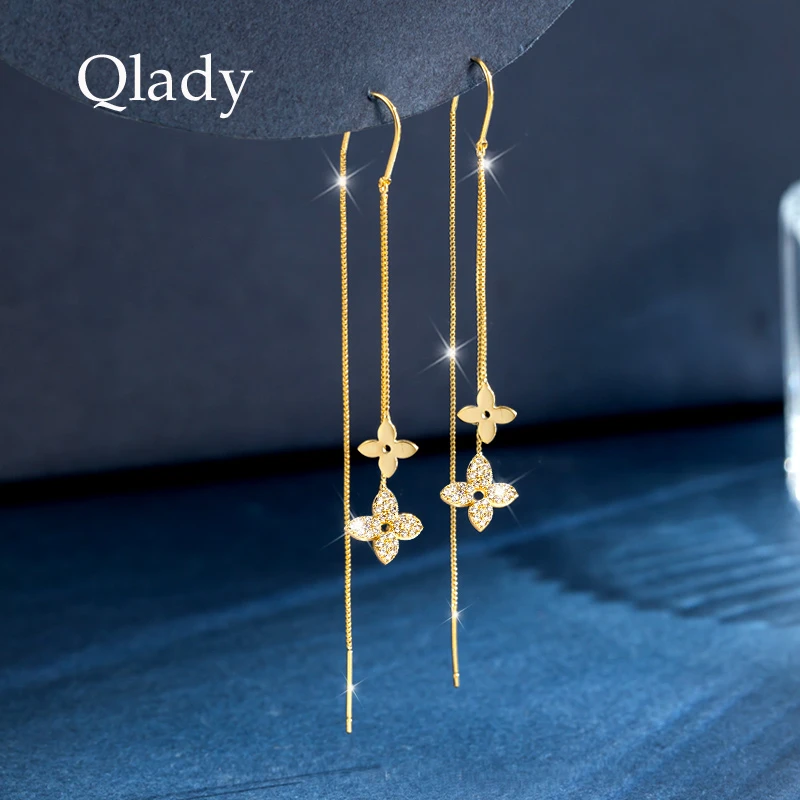 qlady 合成锆石耳饰 四叶草流苏耳环2022年新款女耳坠高级感耳线