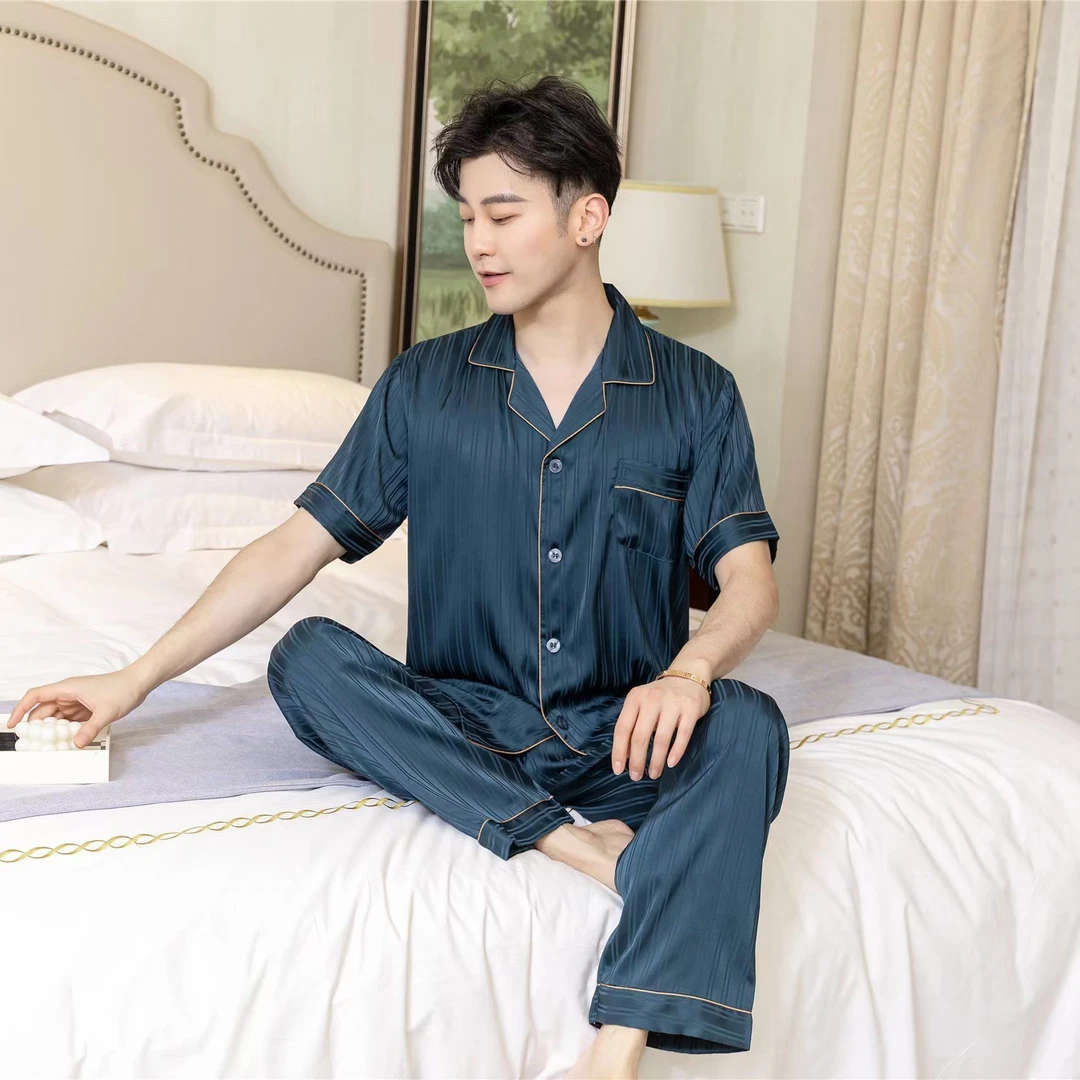 813#夏季新款短袖长裤冰雪丝宽松舒适薄款男士睡衣