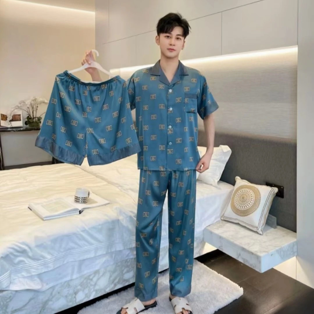 001 #男士三件套夏季新款高端冰雪丝印花薄款宽松舒适大码睡衣