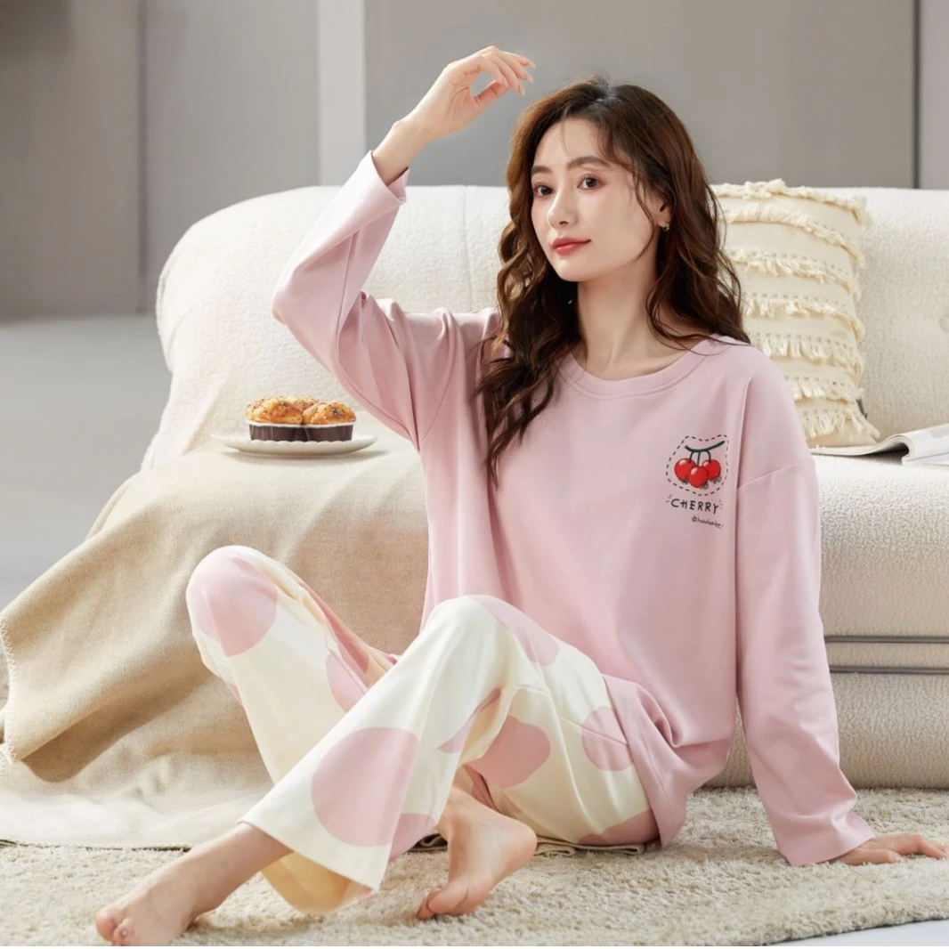 23年秋新款女士圆领粉色波点裤子睡衣家居服带胸垫