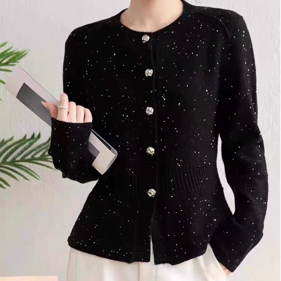 小香风羊毛针织开衫2024秋冬新款亮片时尚收腰显瘦毛衣外套女1360