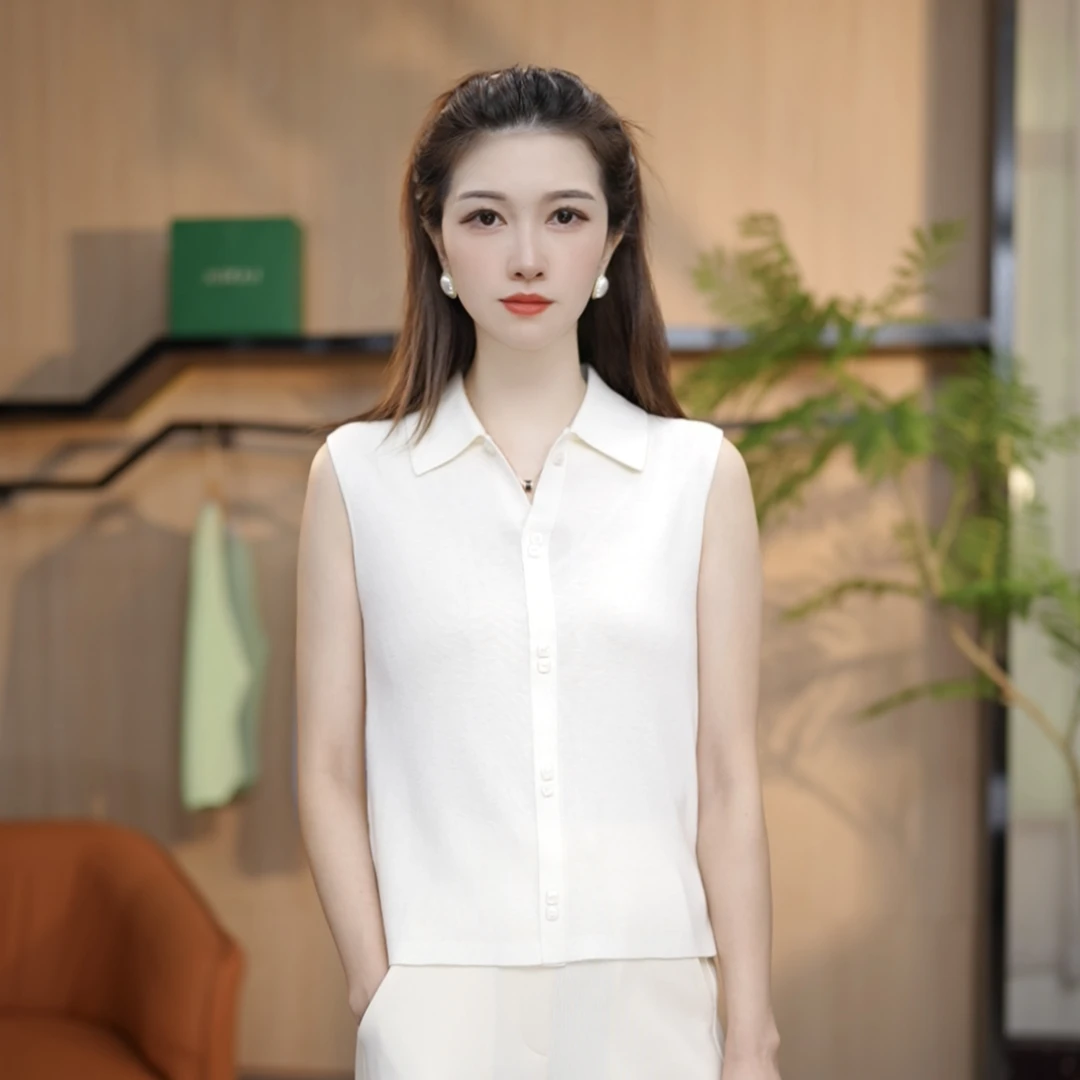 衬衫领无袖针织衫2025开春新款白色百搭显瘦外穿打底背心女6933