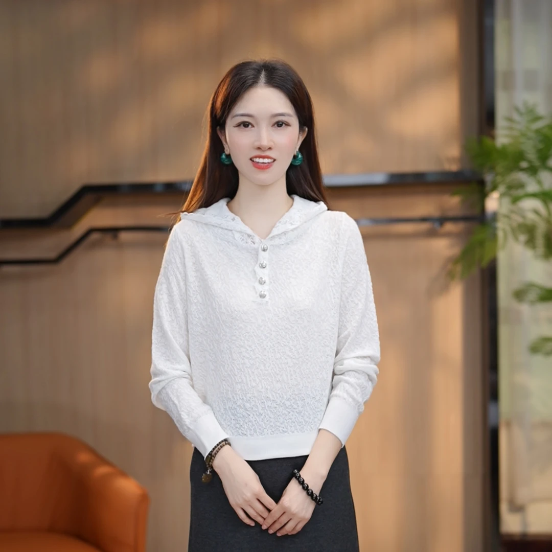 桑蚕丝+羊毛刺绣镂空帽衫针织长袖气质女士打底时尚显瘦7019