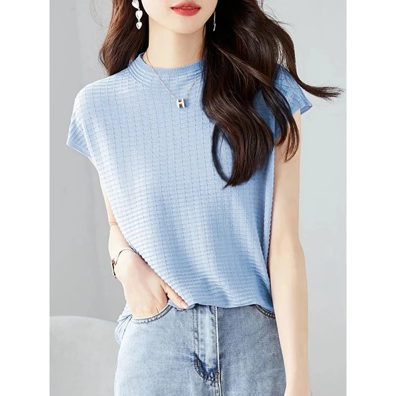 2024夏季新款天丝短袖针织衫女设计感时尚洋气百搭薄款打底衫2630