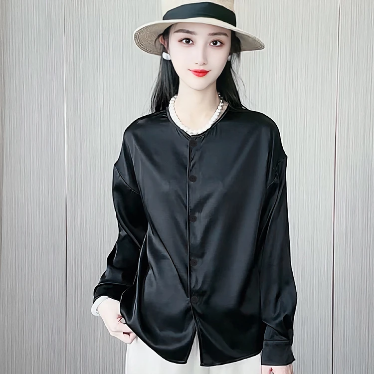19姆米桑蚕丝弹力缎纯色轻奢气质长袖真丝衬衫女上衣CY011
