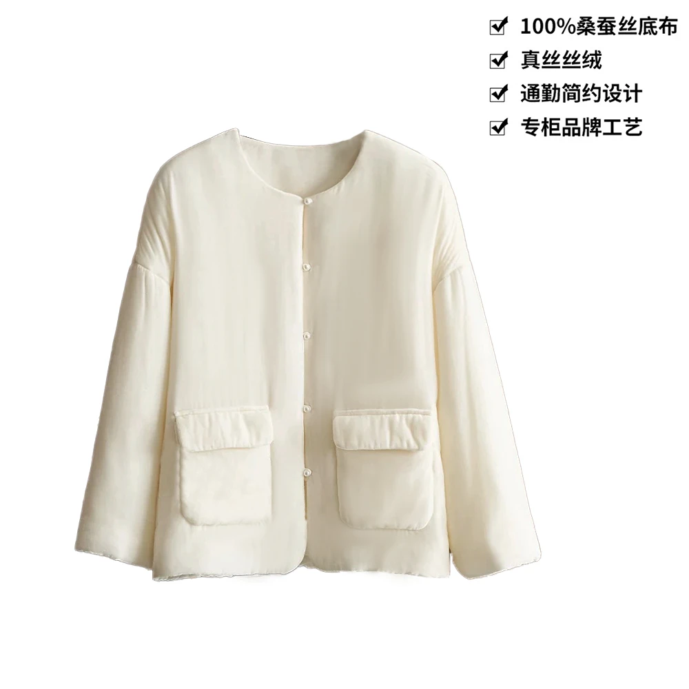 100桑蚕丝丝绒时尚珍珠扣宽松秋冬保暖棉衣真丝丝绒棉服外套CX208