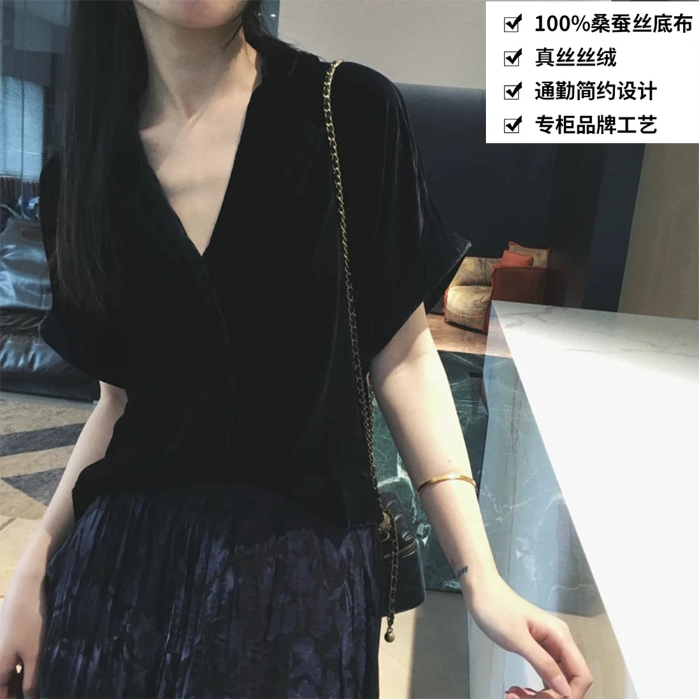 100桑蚕丝丝绒气质通勤西装领纽扣女真丝丝绒衬衫西装上衣CY020