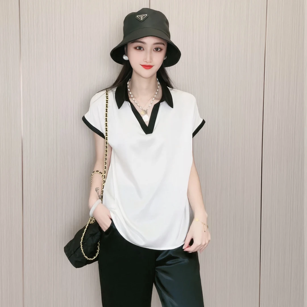 桑蚕丝弹力缎简约翻领桑蚕丝短袖t恤女上衣DX003