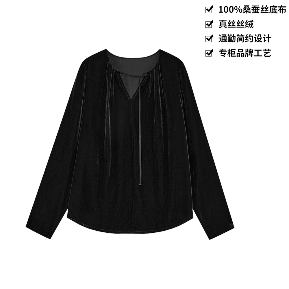 100桑蚕丝丝绒高级感镂空系带圆领气质长袖t恤真丝丝绒上衣CX328