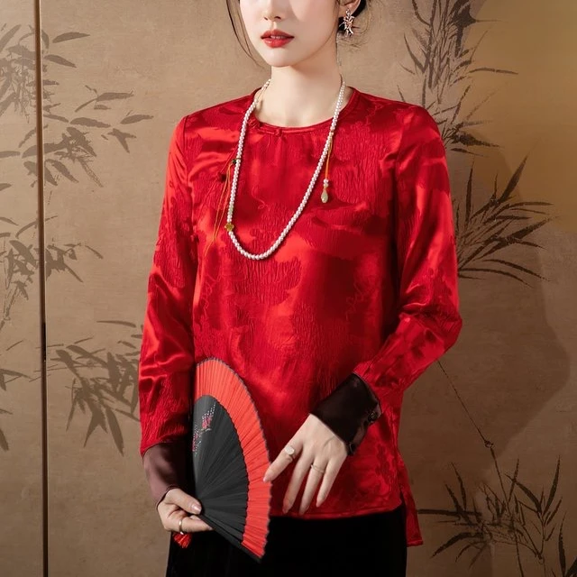 25姆米重磅真丝冠乐绉新中式提花桑蚕丝女上衣ZK260