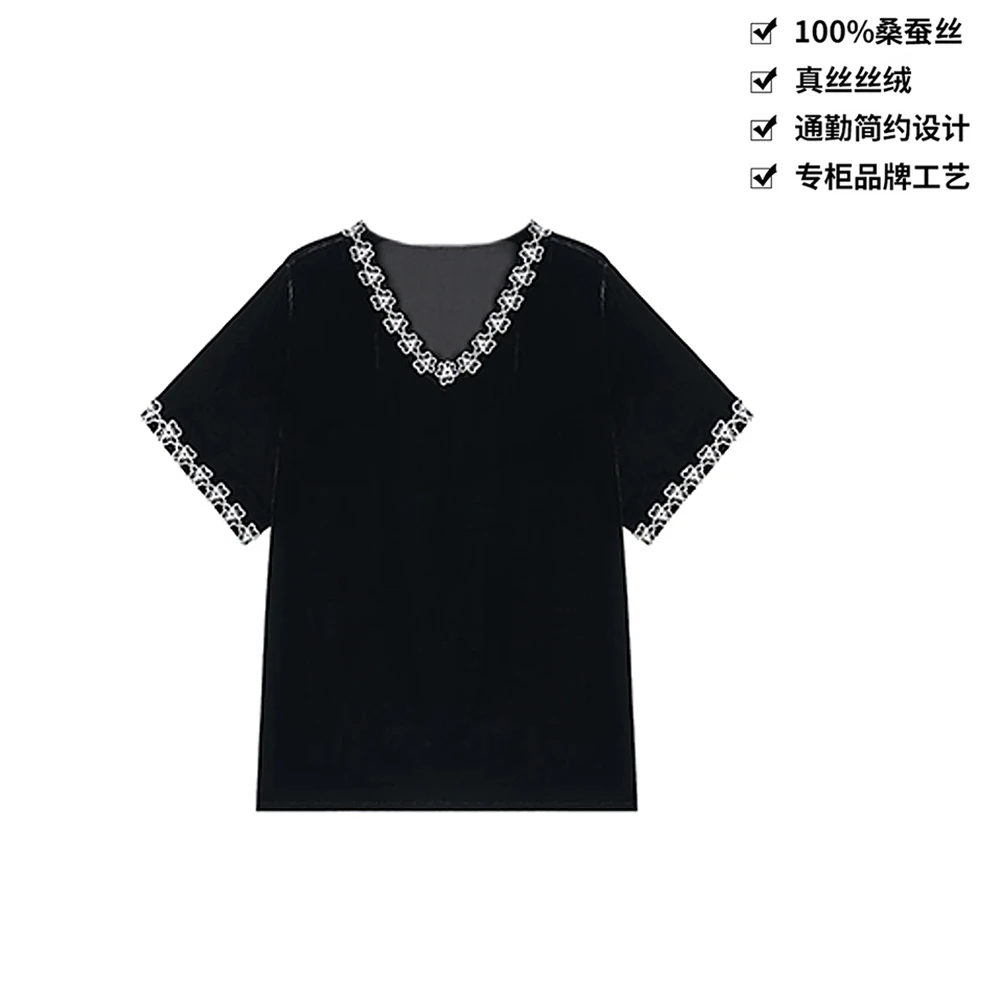100桑蚕丝丝绒复古花朵拼接小众气质真丝丝绒上衣显瘦t恤女DX302