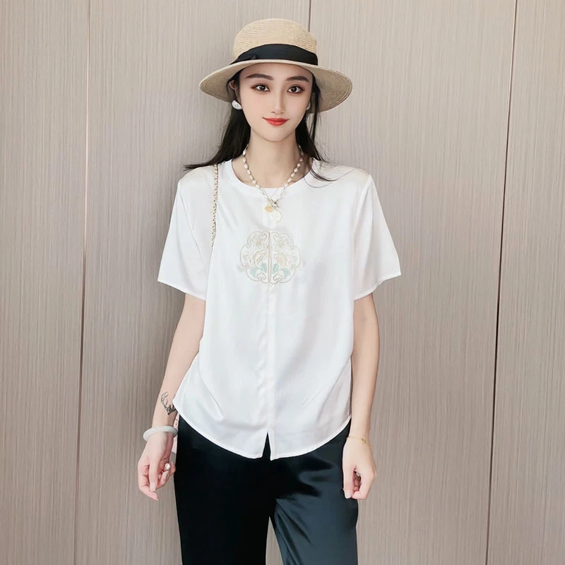 桑蚕丝弹力缎绣花新中式刺绣真丝t恤女上衣DX002