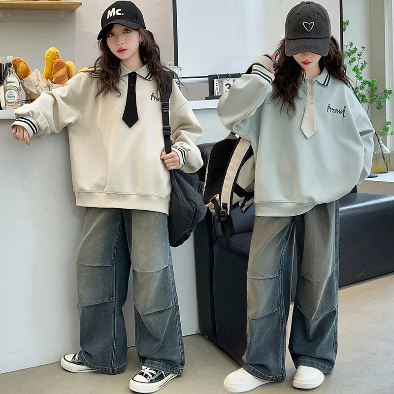 女童套装中大童新款女童洋气翻领秋季长袖polo领带卫衣阔腿裤套装