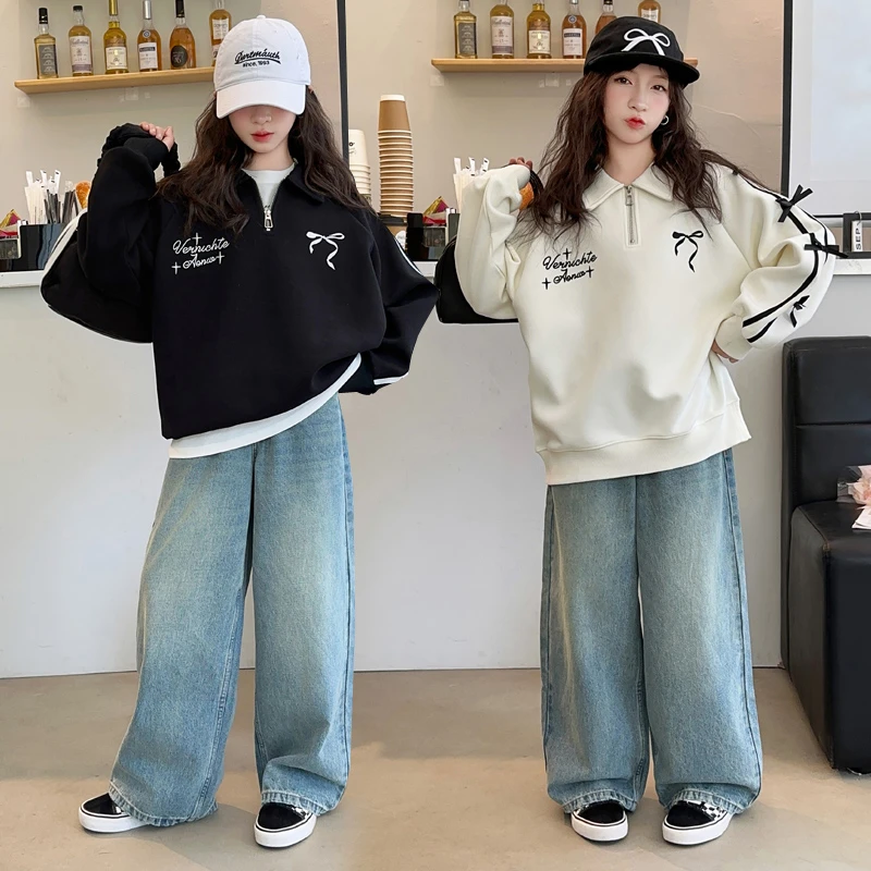 2024年秋季女童新款中大童宽松时尚蝴蝶节翻领卫衣牛仔阔腿直筒裤