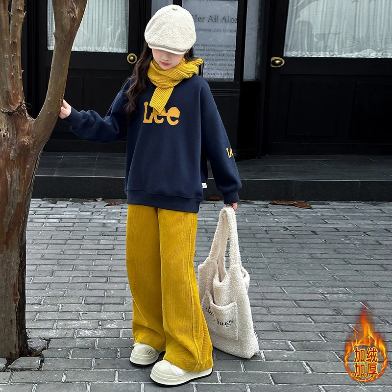 中大童女童2024新款加绒休闲卫衣灯芯绒显瘦直筒裤子加绒套装