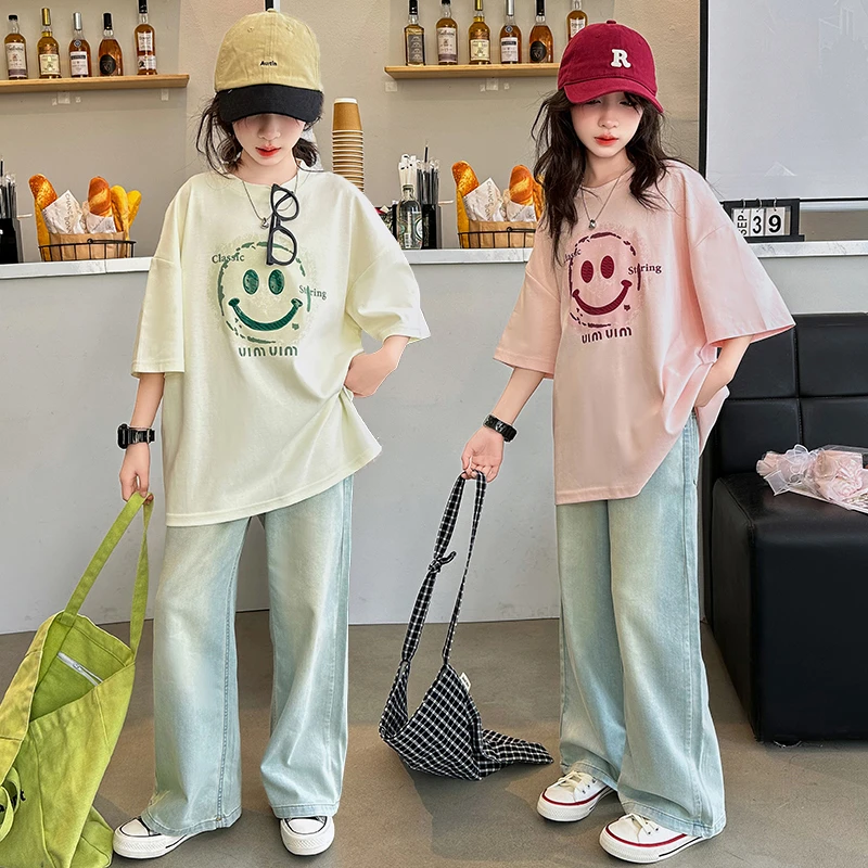 女童夏装2025新款中大童时尚网红洋气宽松夏季阔腿牛仔裤两件套