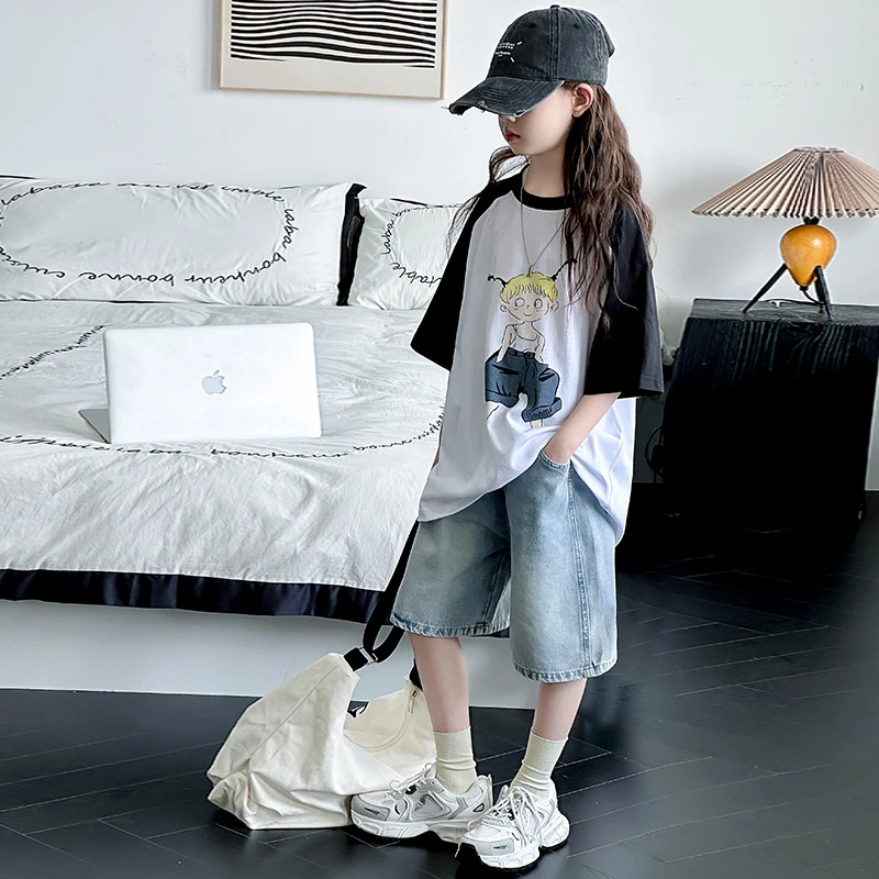 2024夏季中大童女童小女孩时尚撞色T潮流五分牛仔中裤套装