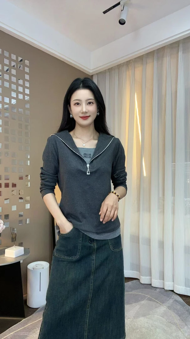 早秋新款翻领纯半拉链假两件精品百搭气质洋气时尚显瘦长袖小衫