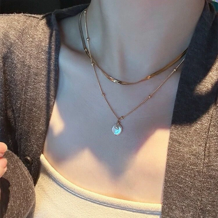 铜项链 巴洛克仿珍珠项链双层叠戴蛇骨链女高级感轻奢毛衣链时尚