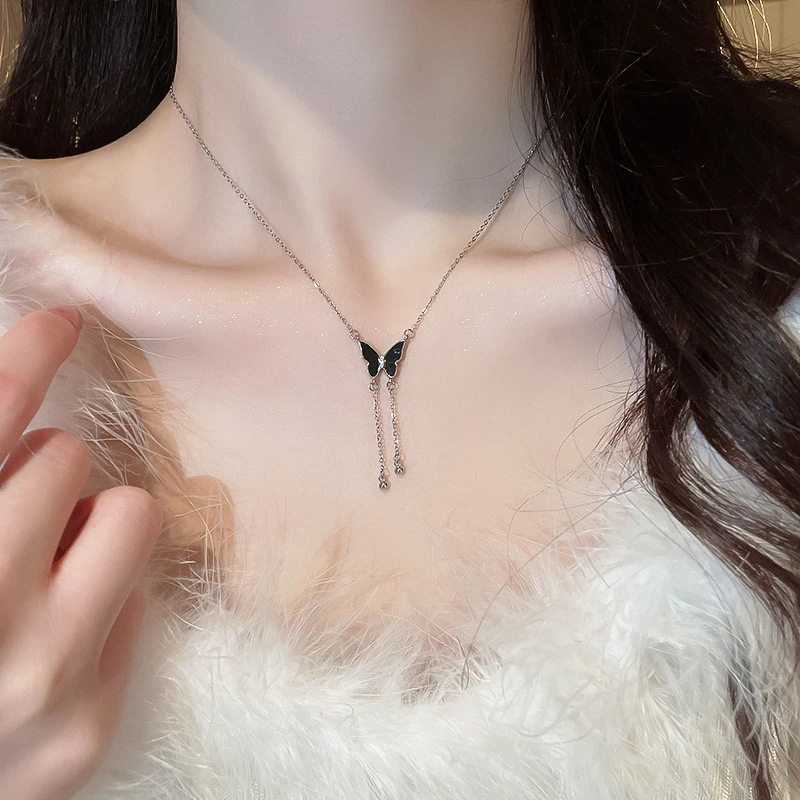 铜项链 高级感滴胶流苏项链女嘻哈蝴蝶结锁骨链时尚百搭气质颈链