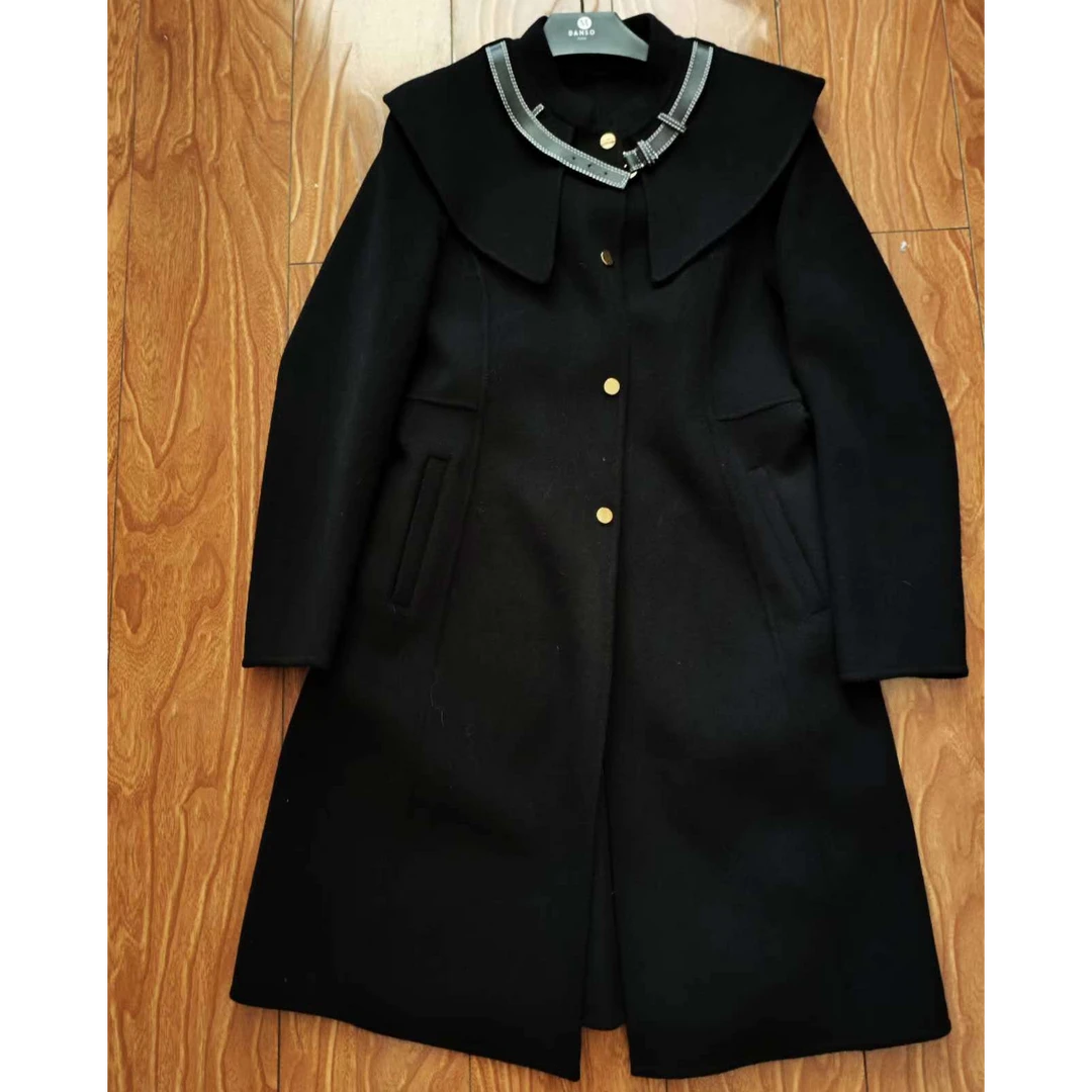 黑色大衣气质时尚女士毛呢中长款双面呢翻领秋冬百搭加厚冬季