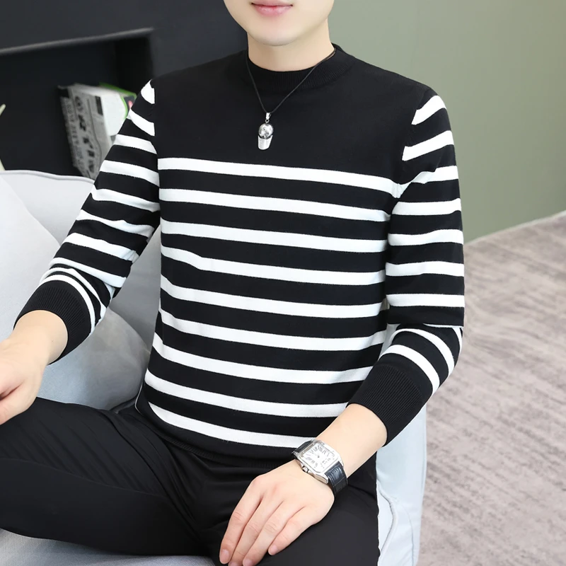 圆领针织毛衣男秋冬季休闲外穿条纹打底衫潮流时尚内搭保暧上衣服