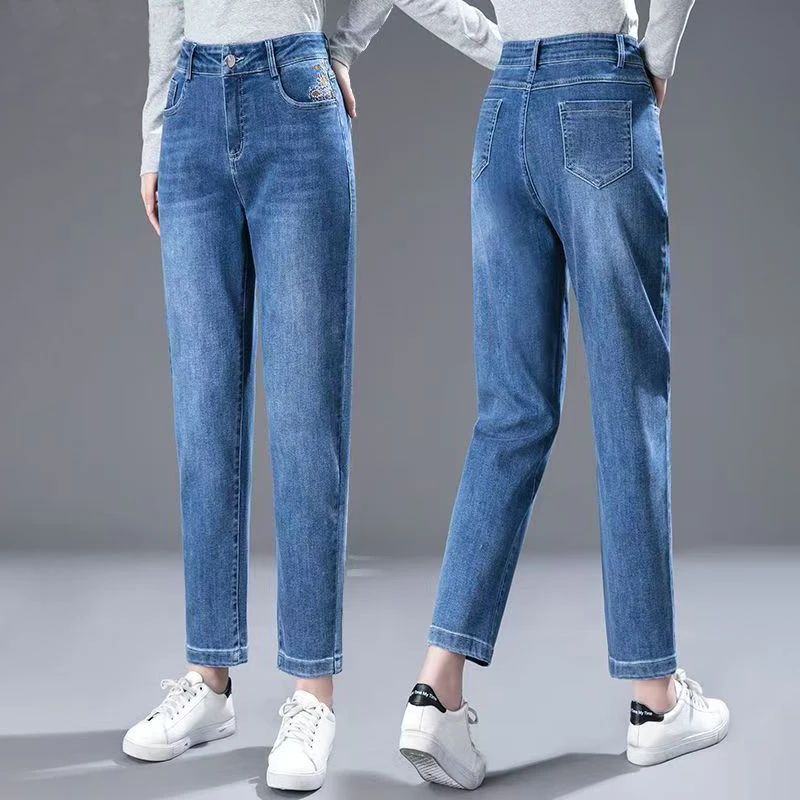 九分牛仔裤女2024秋季弹力新款高腰百搭显瘦老爹裤宽松哈伦裤子