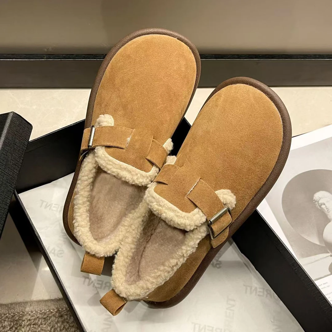 棉博肯冬季加绒加厚豆豆鞋软底防滑女毛毛鞋室内外妈妈一脚蹬棉鞋