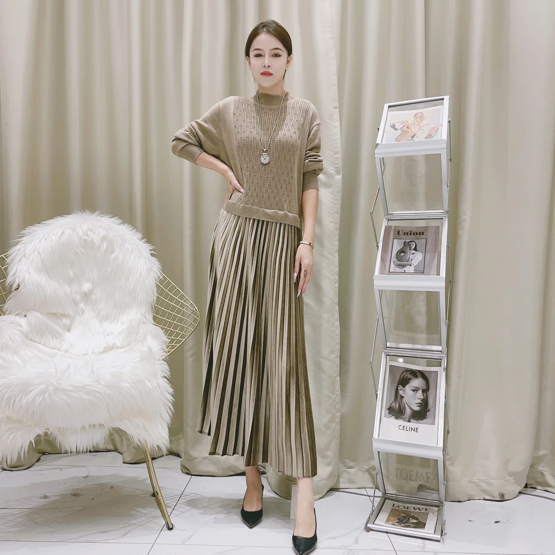 698立体拼接百褶裙提花气质设计师秋冬长款提花轻奢针织连衣裙