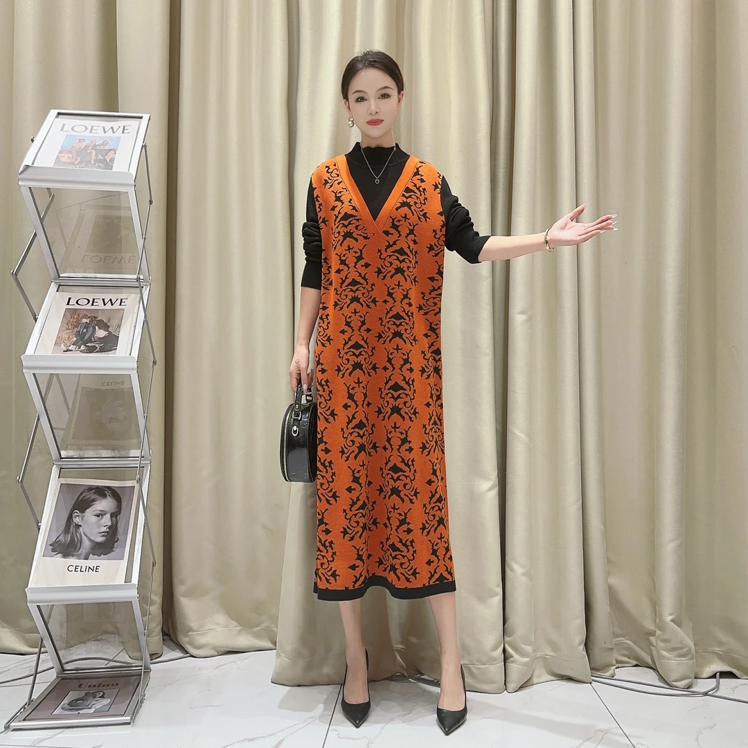 5930黑橘假两件羊毛气质设计师秋冬长款轻奢针织连衣裙时尚复古